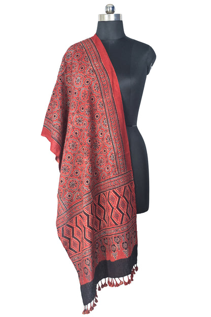 Ajrakh Kala Cotton Natural Dye Hand Block Print Stole With Tassels - 2 Mtr Length    -  SKU : DB03302B