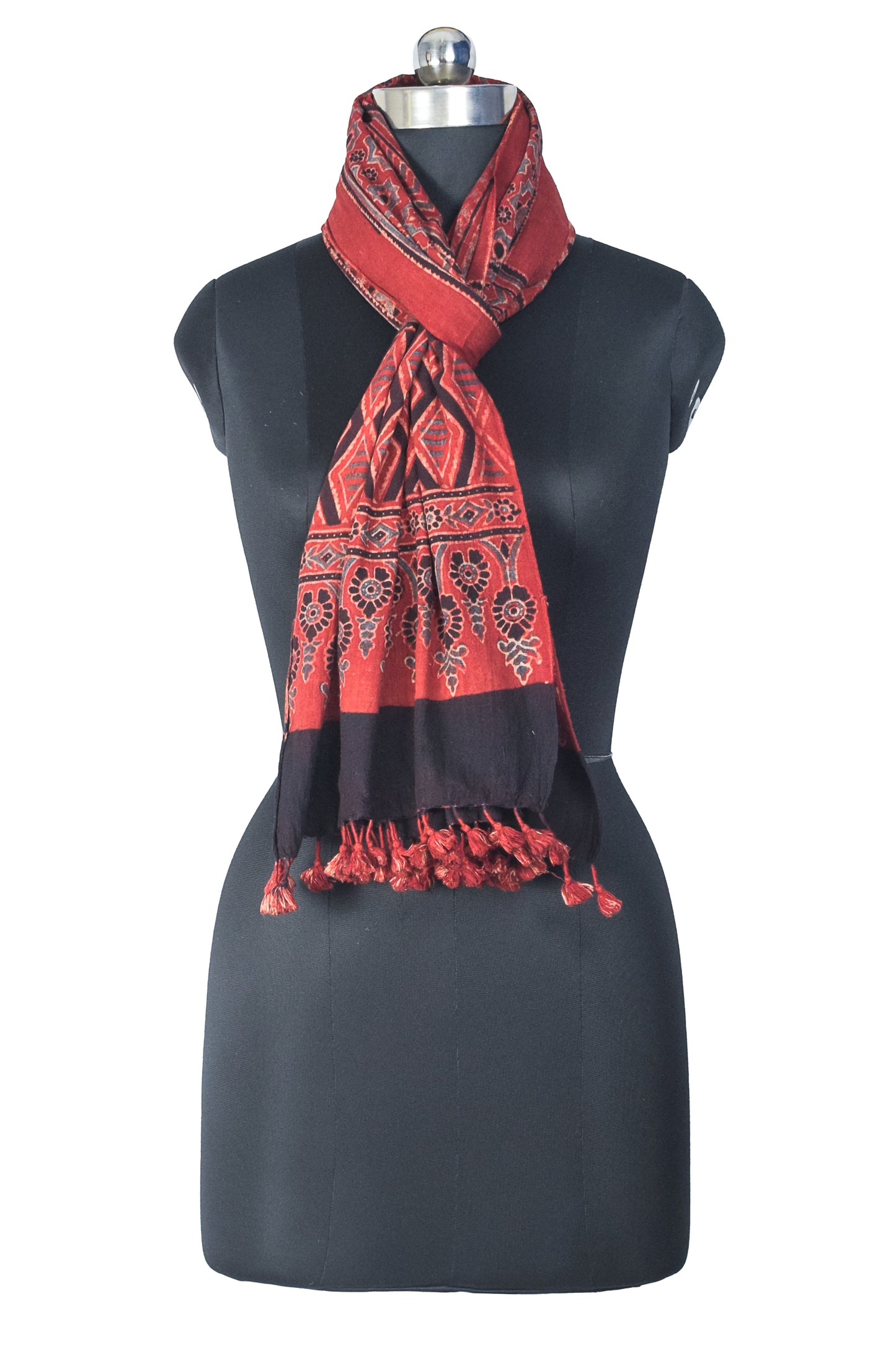 Ajrakh Kala Cotton Natural Dye Hand Block Print Stole With Tassels - 2 Mtr Length    -  SKU : DB03302B