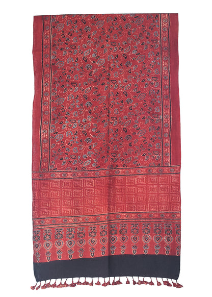 Ajrakh Kala Cotton Natural Dye Hand Block Print Stole With Tassels - 2 Mtr Length    -  SKU : DB03302C