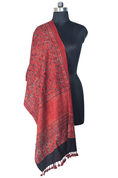 Ajrakh Kala Cotton Natural Dye Hand Block Print Stole With Tassels - 2 Mtr Length    -  SKU : DB03302C