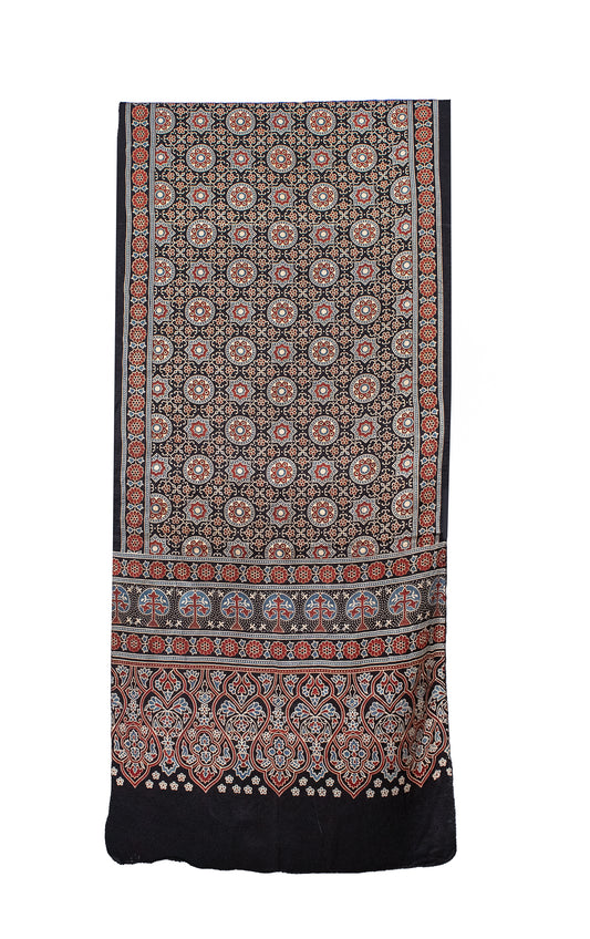 Ajrakh Mashru Silk Natural Dye Screen Print Hand Printed Stole  - 2.1 Mtr Length    -  SKU : ID10A02B