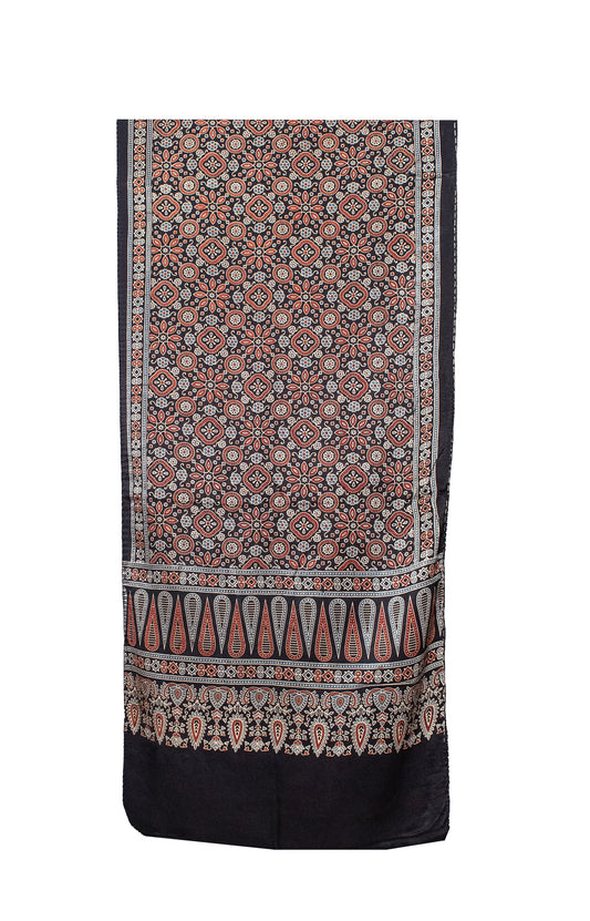 Ajrakh Mashru Silk Natural Dye Screen Print Hand Printed Stole  - 2.1 Mtr Length    -  SKU : ID10A02F