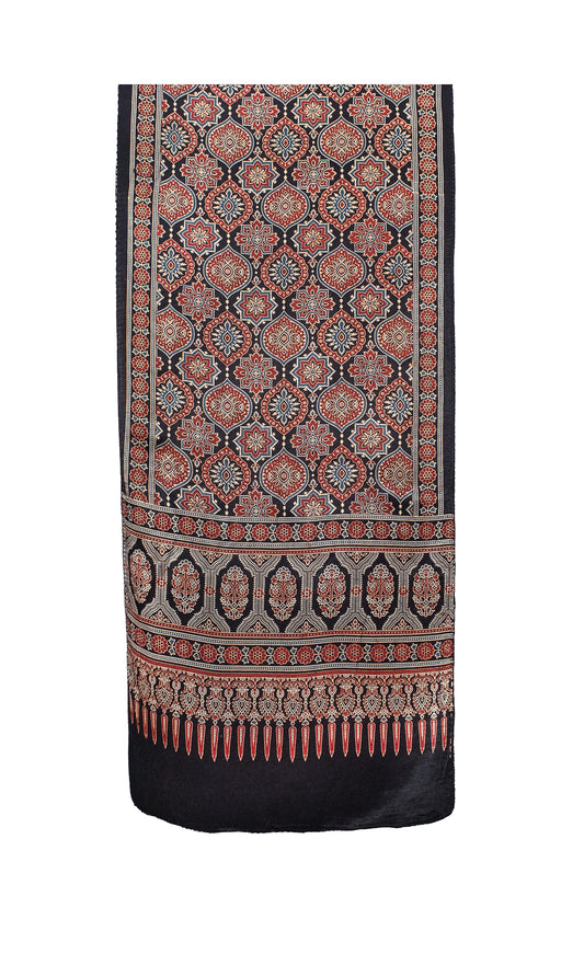 Ajrakh Mashru Silk Natural Dye Screen Print Hand Printed Stole  - 2.1 Mtr Length    -  SKU : ID10A02J