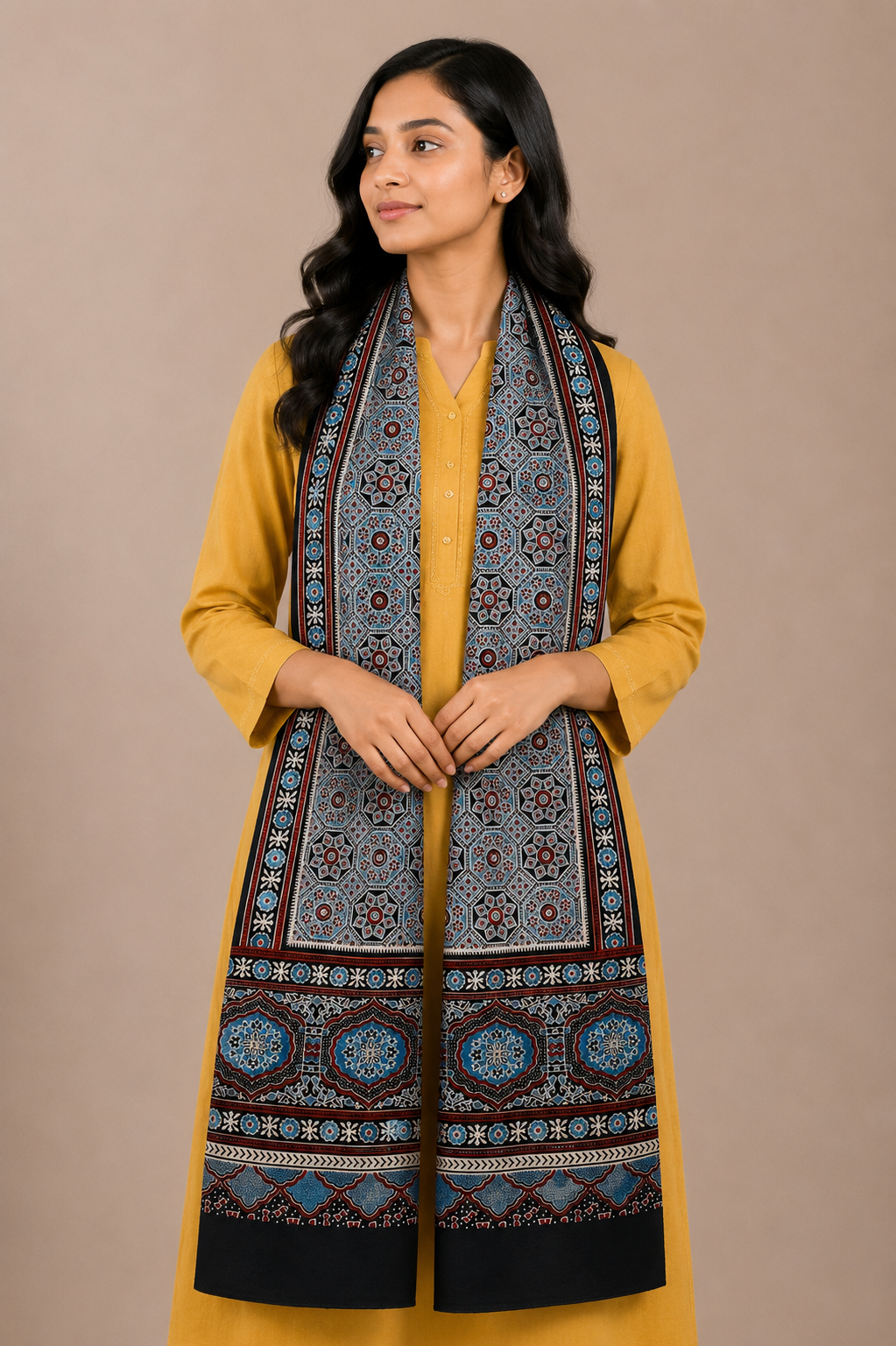 Ajrakh Mashru Silk Natural Dye Three Colour Print ( 3 Kam ) Screen Print Hand Printed Stole  - 2.1 Mtr Length    -  SKU : JH02C01O