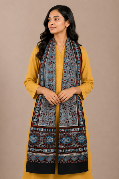 Ajrakh Mashru Silk Natural Dye Three Colour Print ( 3 Kam ) Screen Print Hand Printed Stole  - 2.1 Mtr Length    -  SKU : JH02C01O