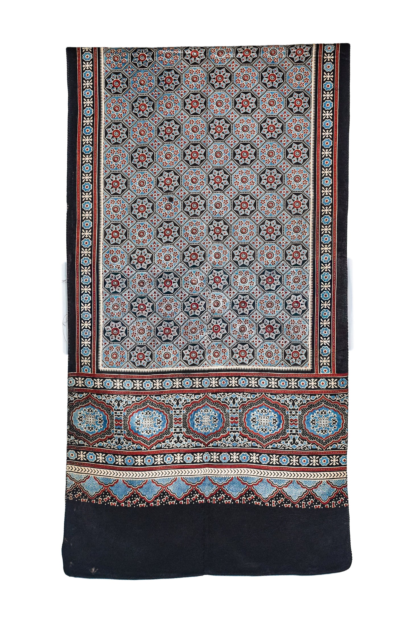 Ajrakh Mashru Silk Natural Dye Three Colour Print ( 3 Kam ) Screen Print Hand Printed Stole  - 2.1 Mtr Length    -  SKU : JH02C01O