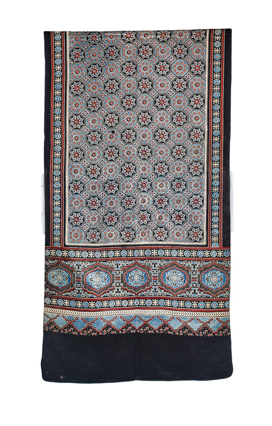Ajrakh Mashru Silk Natural Dye Three Colour Print ( 3 Kam ) Screen Print Hand Printed Stole  - 2.1 Mtr Length    -  SKU : JH02C01O