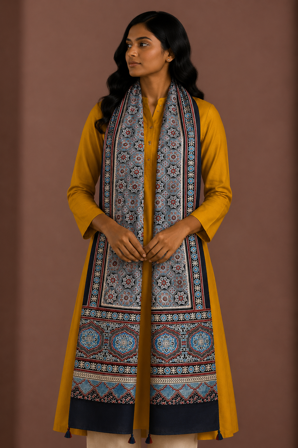 Ajrakh Mashru Silk Natural Dye Three Colour Print ( 3 Kam ) Screen Print Hand Printed Stole  - 2.1 Mtr Length    -  SKU : JH02C01O