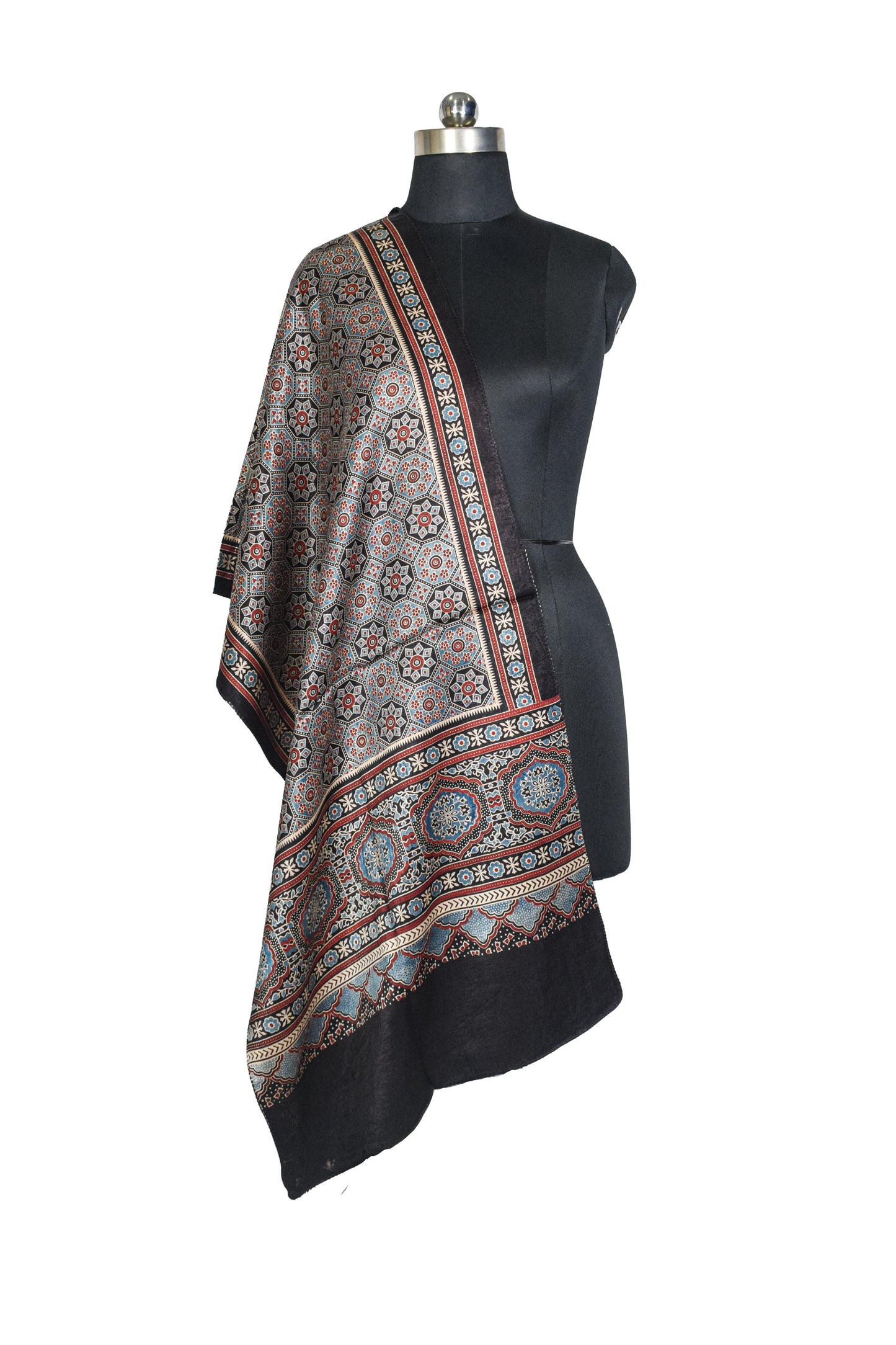 Ajrakh Mashru Silk Natural Dye Three Colour Print ( 3 Kam ) Screen Print Hand Printed Stole  - 2.1 Mtr Length    -  SKU : JH02C01O