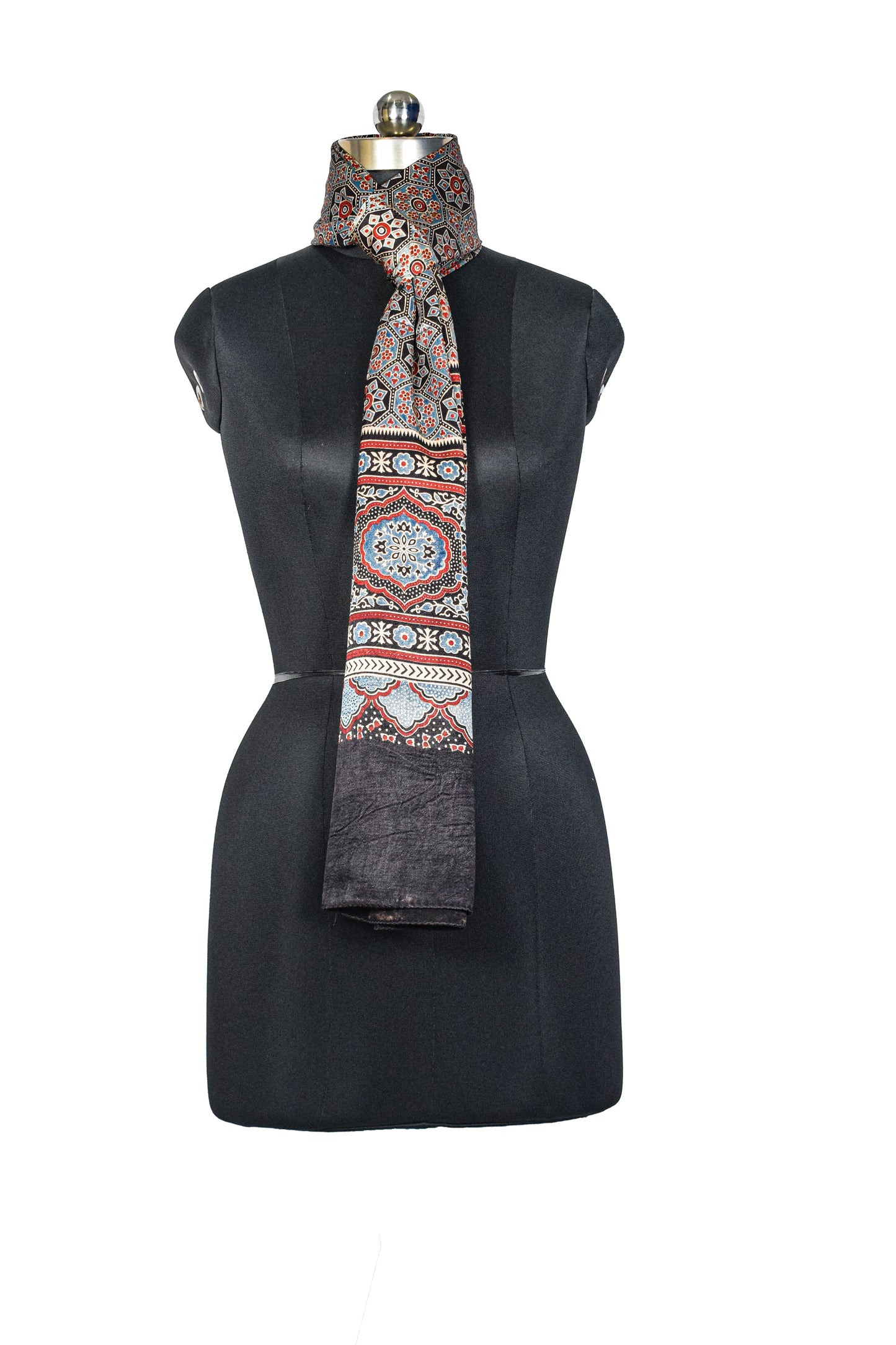 Ajrakh Mashru Silk Natural Dye Three Colour Print ( 3 Kam ) Screen Print Hand Printed Stole  - 2.1 Mtr Length    -  SKU : JH02C01O