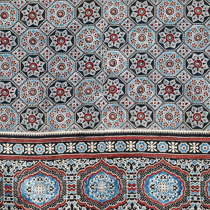 Ajrakh Mashru Silk Natural Dye Three Colour Print ( 3 Kam ) Screen Print Hand Printed Stole  - 2.1 Mtr Length    -  SKU : JH02C01O