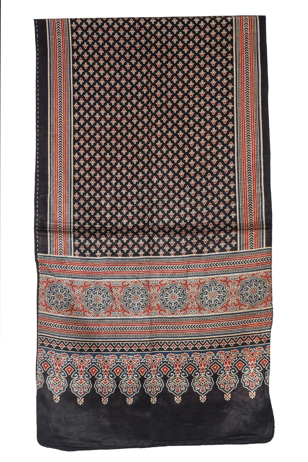 Ajrakh Mashru Silk Natural Dye Three Colour Print | 3 Kam | Screen Print Hand Printed Stole  - 2.1 Mtr Length   -  SKU : JH09A01I