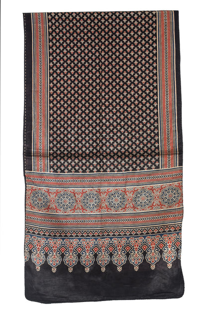 Ajrakh Mashru Silk Natural Dye Three Colour Print | 3 Kam | Screen Print Hand Printed Stole  - 2.1 Mtr Length   -  SKU : JH09A01I