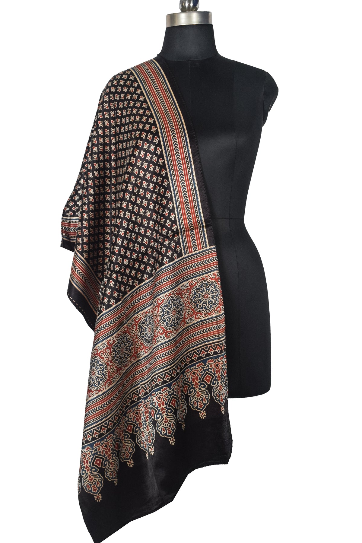 Ajrakh Mashru Silk Natural Dye Three Colour Print | 3 Kam | Screen Print Hand Printed Stole  - 2.1 Mtr Length   -  SKU : JH09A01I