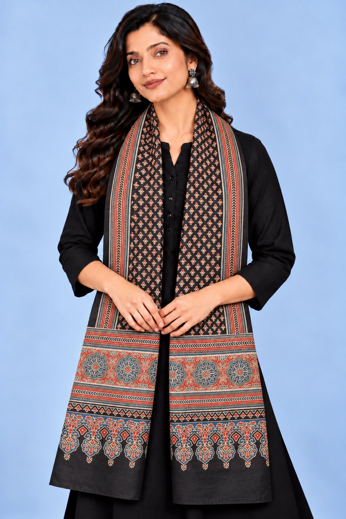 Ajrakh Mashru Silk Natural Dye Three Colour Print | 3 Kam | Screen Print Hand Printed Stole  - 2.1 Mtr Length   -  SKU : JH09A01I