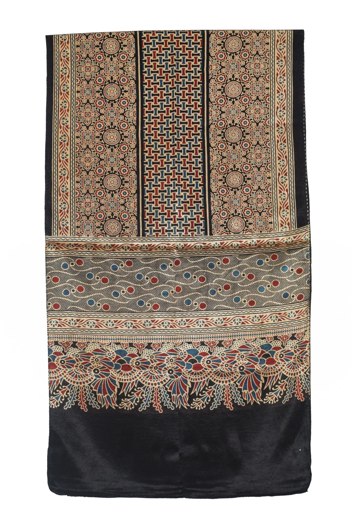 Ajrakh Mashru Silk Natural Dye Three Colour Print | 3 Kam | Screen Print Hand Printed Stole  - 2.1 Mtr Length   -  SKU : JH09A01N