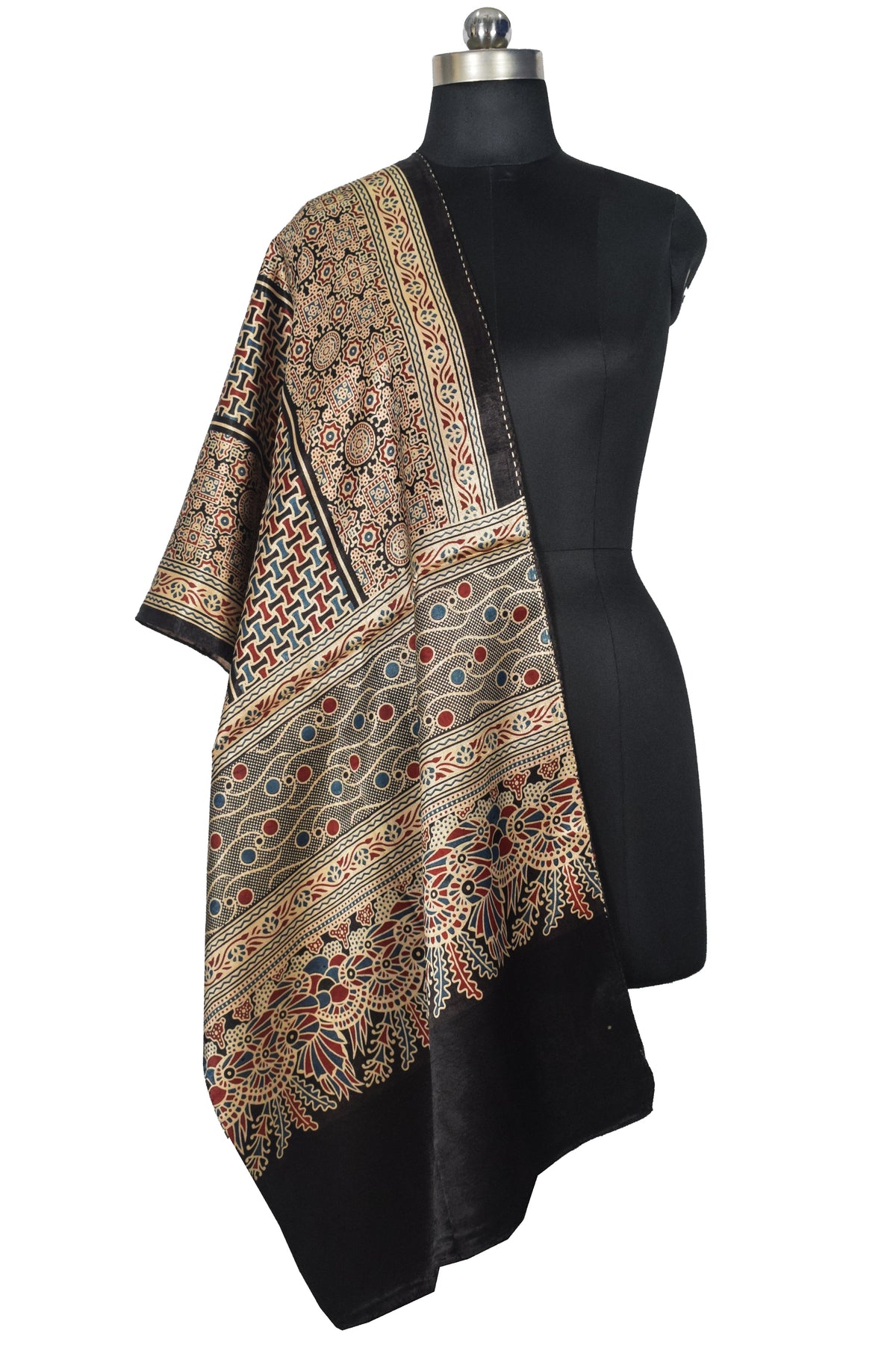 Ajrakh Mashru Silk Natural Dye Three Colour Print | 3 Kam | Screen Print Hand Printed Stole  - 2.1 Mtr Length   -  SKU : JH09A01N