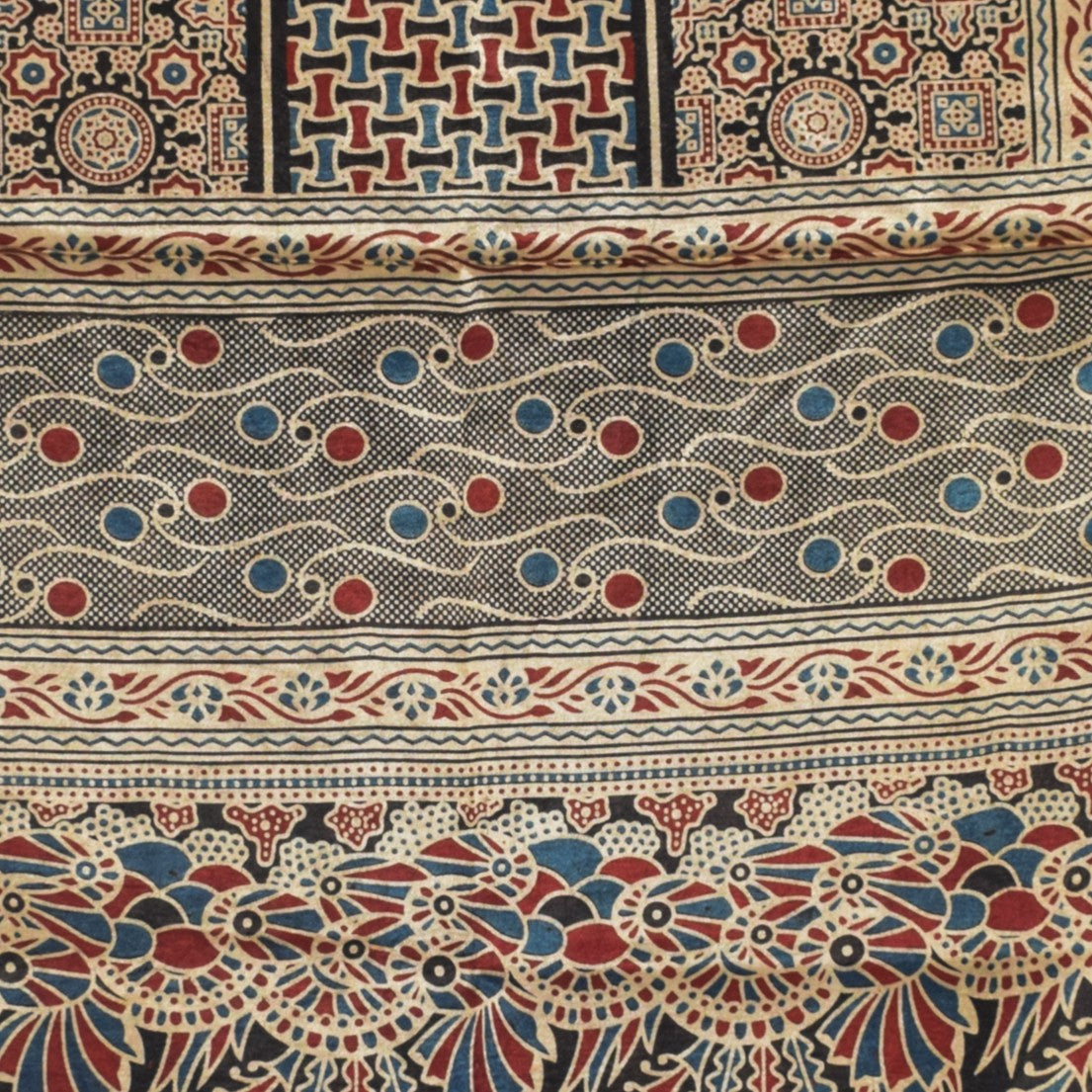 Ajrakh Mashru Silk Natural Dye Three Colour Print | 3 Kam | Screen Print Hand Printed Stole  - 2.1 Mtr Length   -  SKU : JH09A01N