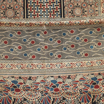 Ajrakh Mashru Silk Natural Dye Three Colour Print | 3 Kam | Screen Print Hand Printed Stole  - 2.1 Mtr Length   -  SKU : JH09A01N