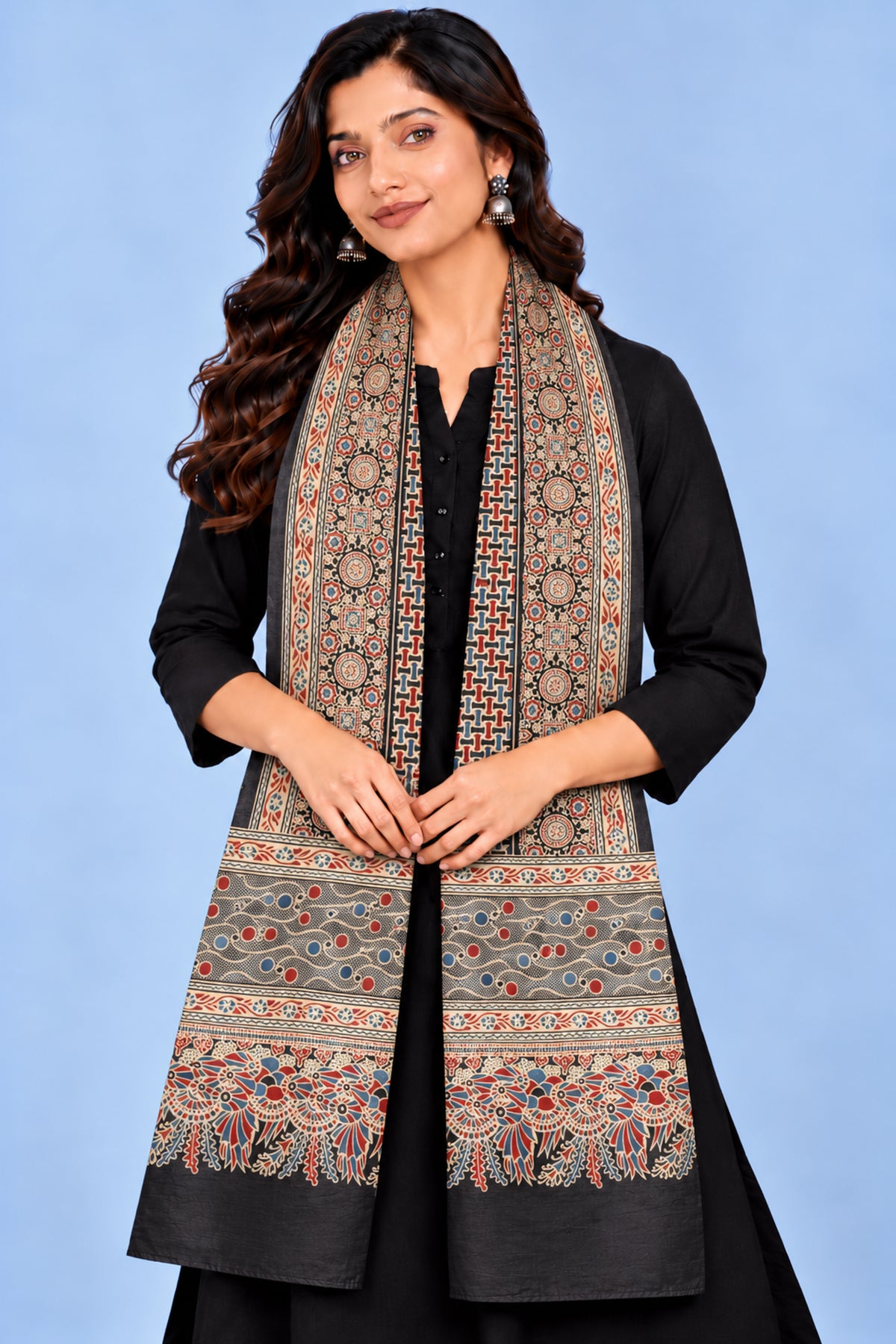 Ajrakh Mashru Silk Natural Dye Three Colour Print | 3 Kam | Screen Print Hand Printed Stole  - 2.1 Mtr Length   -  SKU : JH09A01N