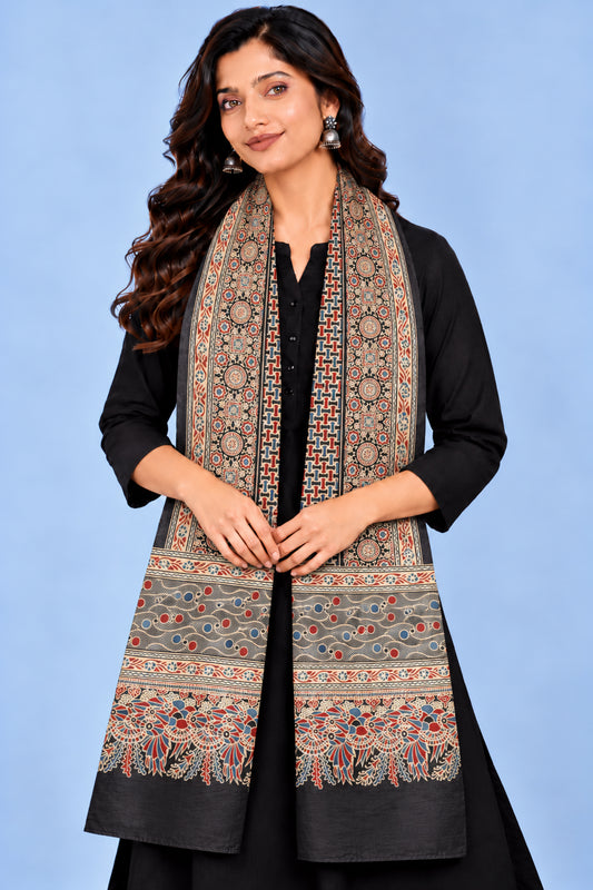 Ajrakh Mashru Silk Natural Dye Three Colour Print | 3 Kam | Screen Print Hand Printed Stole  - 2.1 Mtr Length   -  SKU : JH09A01N