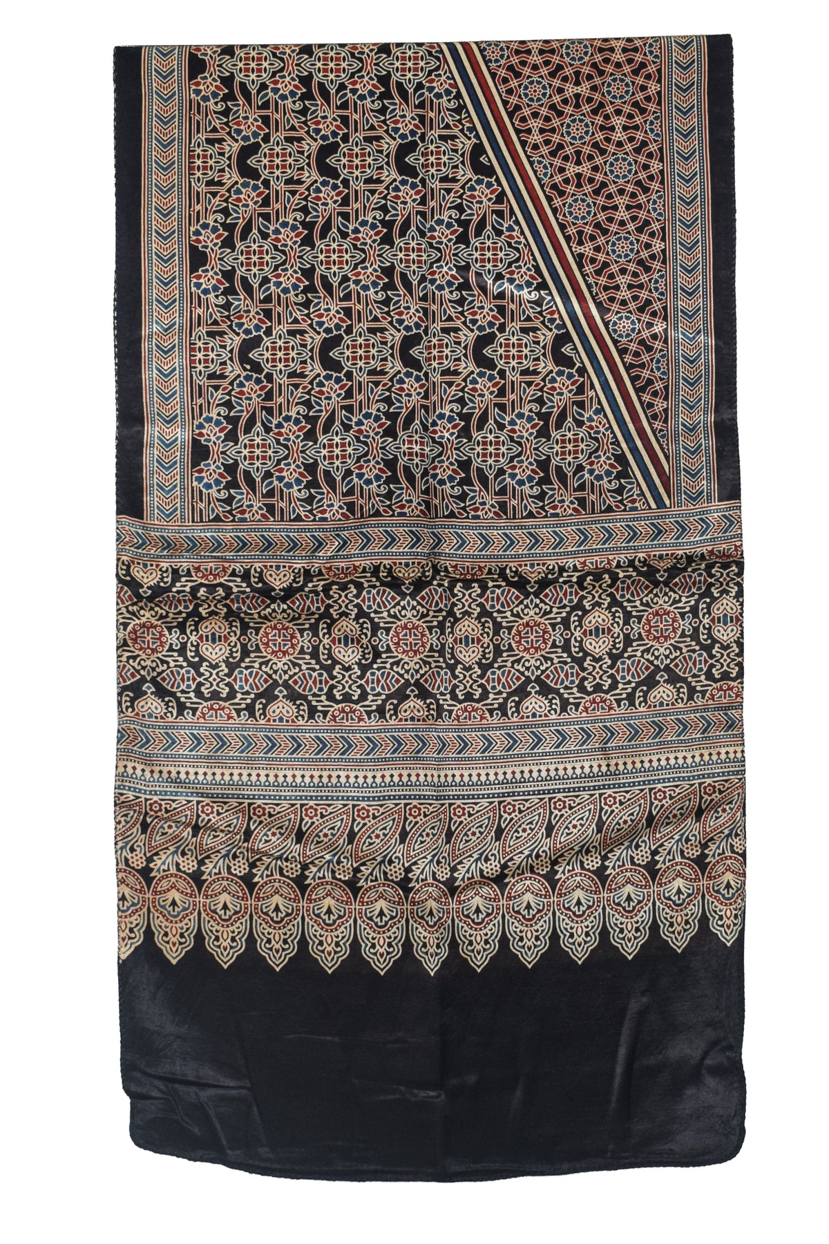 Ajrakh Mashru Silk Natural Dye Three Colour Print | 3 Kam | Screen Print Hand Printed Stole  - 2.1 Mtr Length   -  SKU : JH09A01S