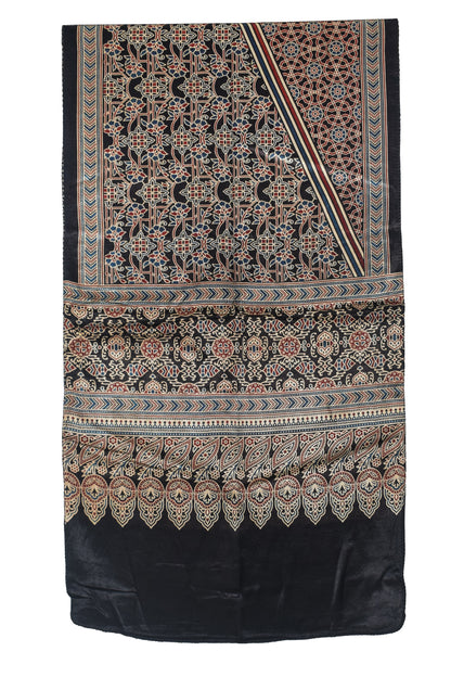 Ajrakh Mashru Silk Natural Dye Three Colour Print | 3 Kam | Screen Print Hand Printed Stole  - 2.1 Mtr Length   -  SKU : JH09A01S