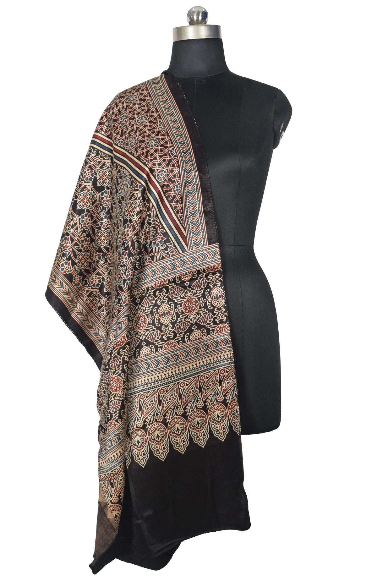 Ajrakh Mashru Silk Natural Dye Three Colour Print | 3 Kam | Screen Print Hand Printed Stole  - 2.1 Mtr Length   -  SKU : JH09A01S