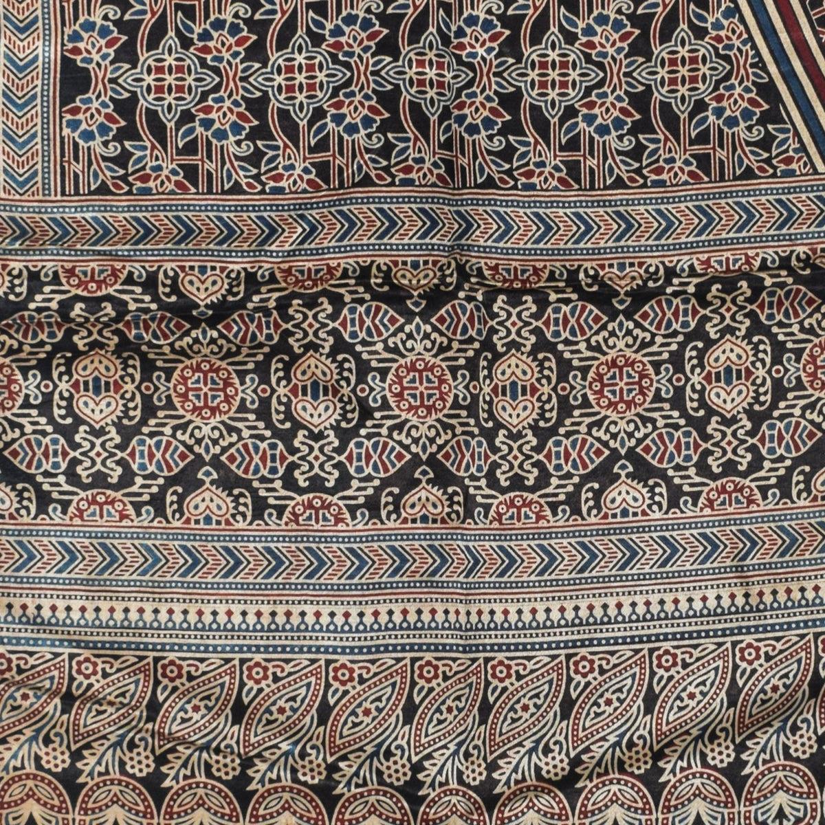 Ajrakh Mashru Silk Natural Dye Three Colour Print | 3 Kam | Screen Print Hand Printed Stole  - 2.1 Mtr Length   -  SKU : JH09A01S