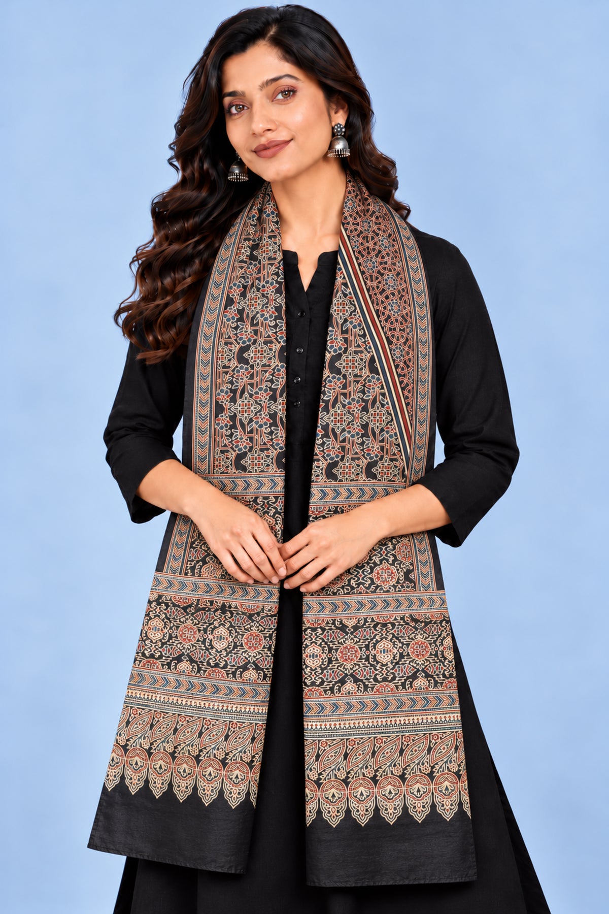 Ajrakh Mashru Silk Natural Dye Three Colour Print | 3 Kam | Screen Print Hand Printed Stole  - 2.1 Mtr Length   -  SKU : JH09A01S