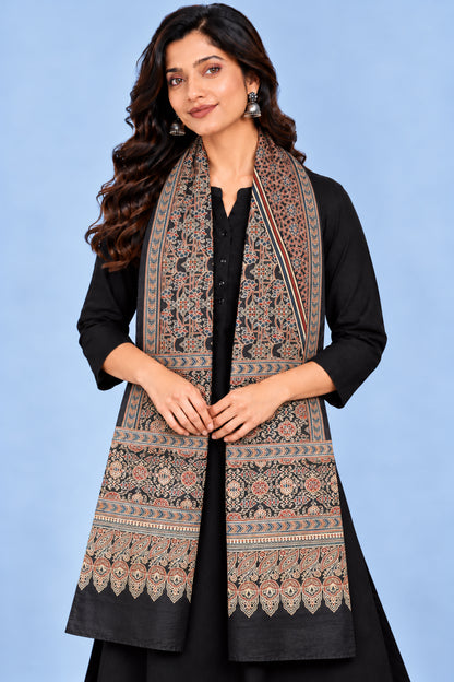 Ajrakh Mashru Silk Natural Dye Three Colour Print | 3 Kam | Screen Print Hand Printed Stole  - 2.1 Mtr Length   -  SKU : JH09A01S