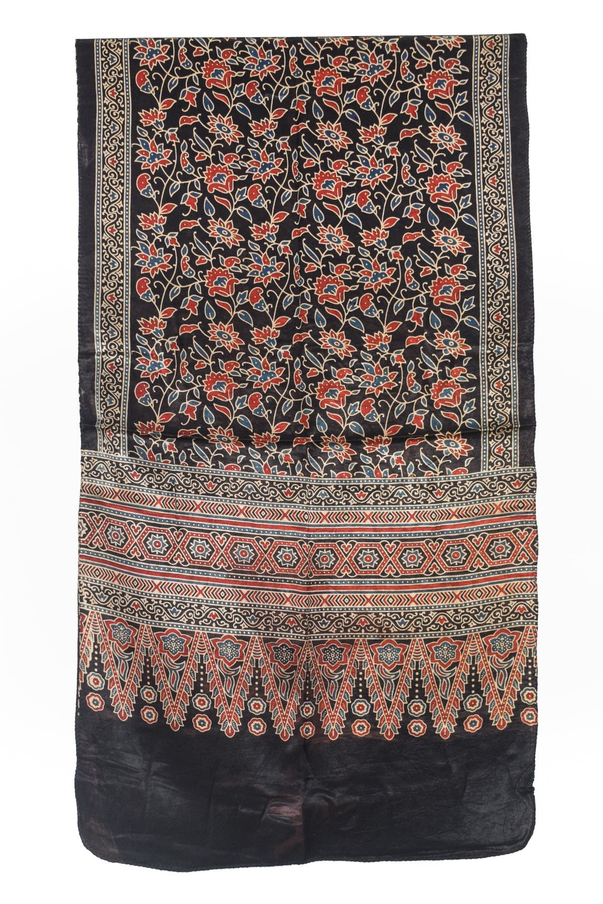 Ajrakh Mashru Silk Natural Dye Three Colour Print | 3 Kam | Screen Print Hand Printed Stole  - 2.1 Mtr Length   -  SKU : JH09A01X