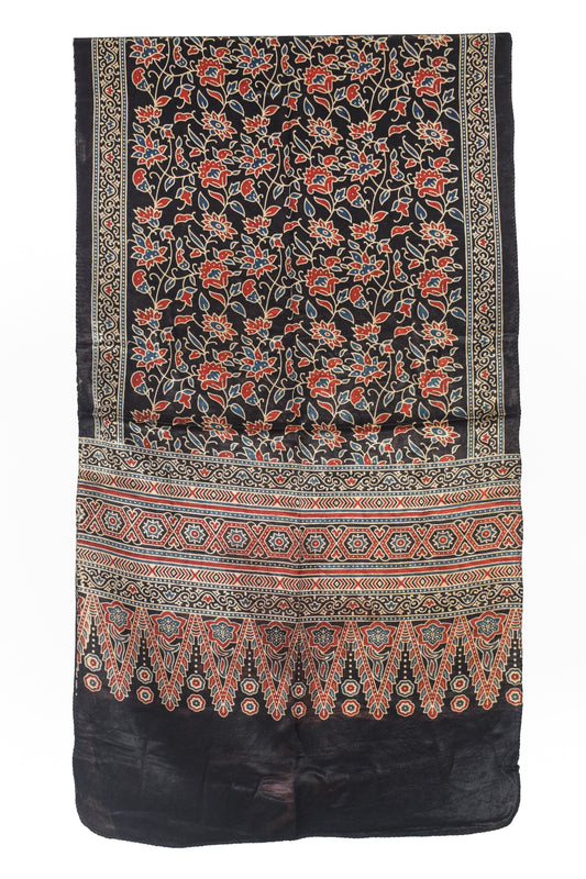 Ajrakh Mashru Silk Natural Dye Three Colour Print | 3 Kam | Screen Print Hand Printed Stole  - 2.1 Mtr Length   -  SKU : JH09A01X