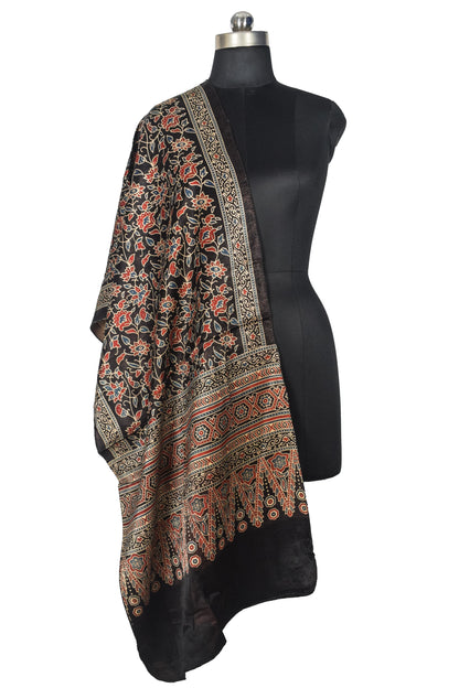 Ajrakh Mashru Silk Natural Dye Three Colour Print | 3 Kam | Screen Print Hand Printed Stole  - 2.1 Mtr Length   -  SKU : JH09A01X