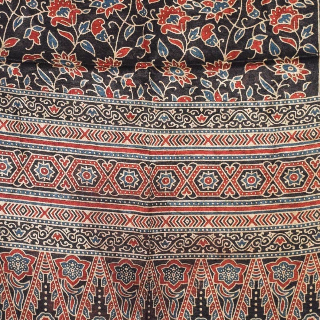 Ajrakh Mashru Silk Natural Dye Three Colour Print | 3 Kam | Screen Print Hand Printed Stole  - 2.1 Mtr Length   -  SKU : JH09A01X