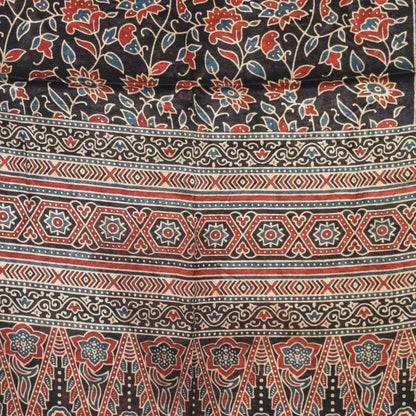 Ajrakh Mashru Silk Natural Dye Three Colour Print | 3 Kam | Screen Print Hand Printed Stole  - 2.1 Mtr Length   -  SKU : JH09A01X