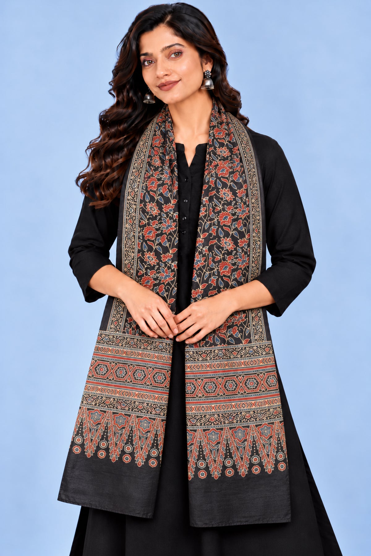 Ajrakh Mashru Silk Natural Dye Three Colour Print | 3 Kam | Screen Print Hand Printed Stole  - 2.1 Mtr Length   -  SKU : JH09A01X
