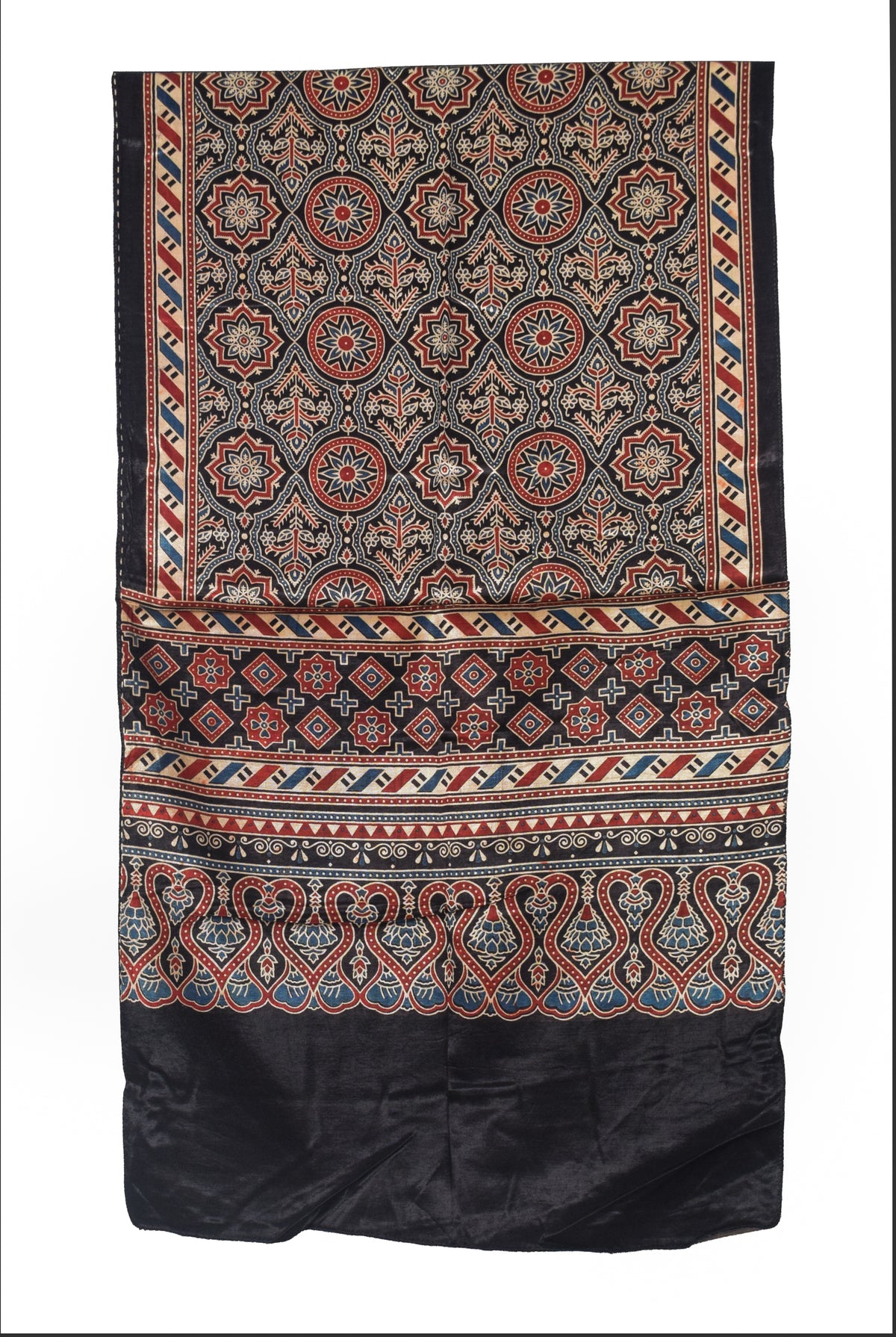 Ajrakh Mashru Silk Natural Dye Three Colour Print | 3 Kam | Screen Print Hand Printed Stole  - 2.1 Mtr Length   -  SKU : JH09A0AC