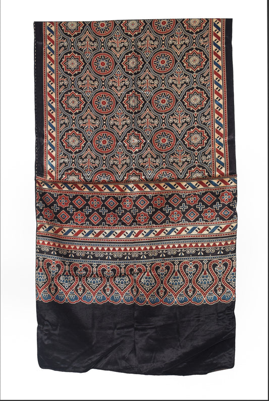 Ajrakh Mashru Silk Natural Dye Three Colour Print | 3 Kam | Screen Print Hand Printed Stole  - 2.1 Mtr Length   -  SKU : JH09A0AC