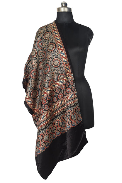 Ajrakh Mashru Silk Natural Dye Three Colour Print | 3 Kam | Screen Print Hand Printed Stole  - 2.1 Mtr Length   -  SKU : JH09A0AC