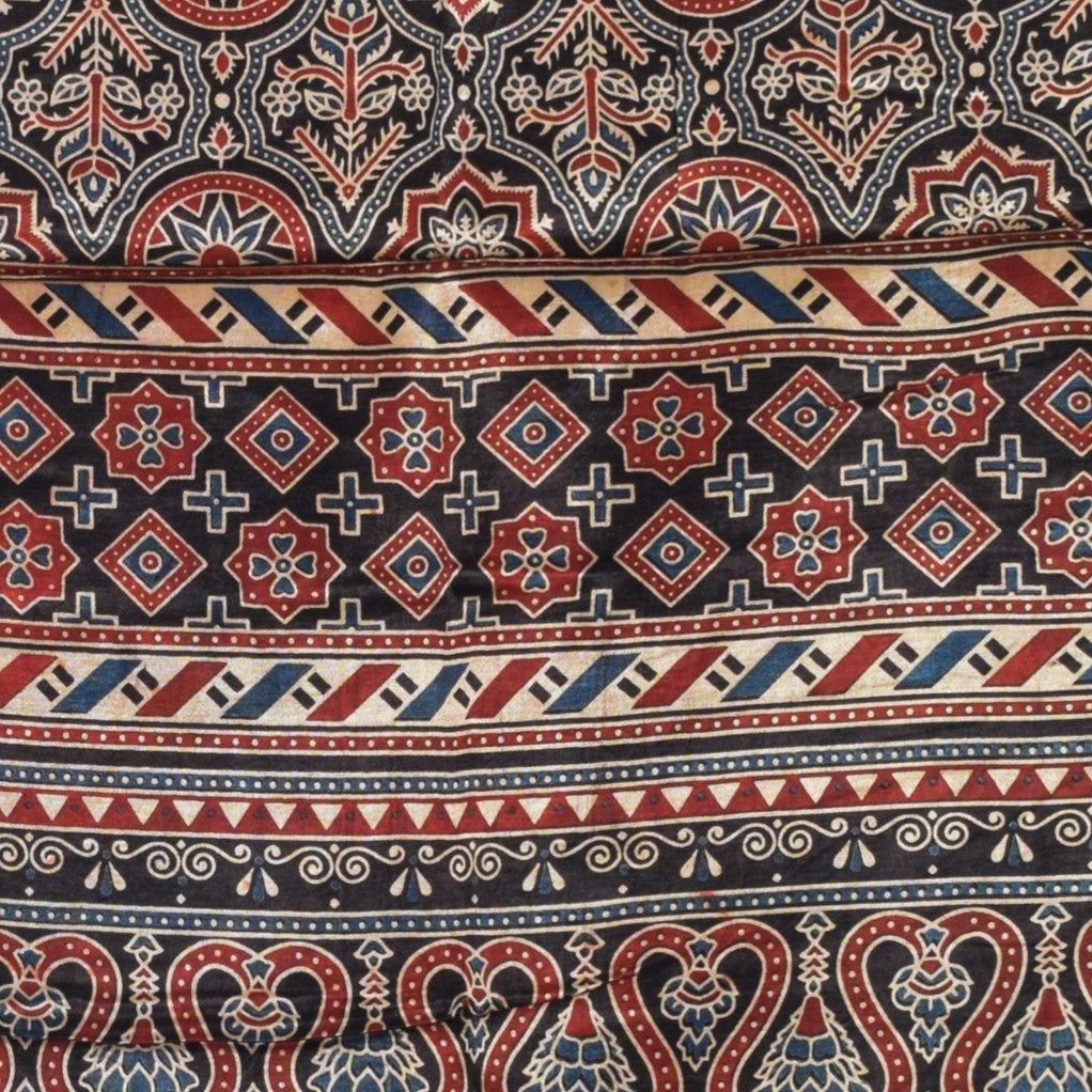 Ajrakh Mashru Silk Natural Dye Three Colour Print | 3 Kam | Screen Print Hand Printed Stole  - 2.1 Mtr Length   -  SKU : JH09A0AC