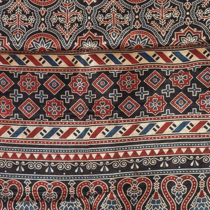 Ajrakh Mashru Silk Natural Dye Three Colour Print | 3 Kam | Screen Print Hand Printed Stole  - 2.1 Mtr Length   -  SKU : JH09A0AC
