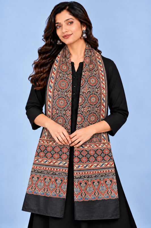 Ajrakh Mashru Silk Natural Dye Three Colour Print | 3 Kam | Screen Print Hand Printed Stole  - 2.1 Mtr Length   -  SKU : JH09A0AC