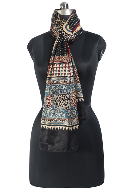 Ajrakh Mashru Silk Natural Dye Screen Print Hand Printed Stole  - 2.1 Mtr Length    -  SKU : JH25601H