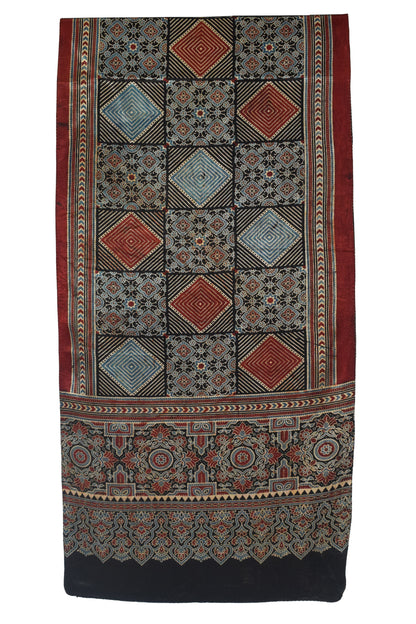 Ajrakh Mashru Silk Natural Dye Screen Print Hand Printed Stole  - 2.1 Mtr Length    -  SKU : JH25601L