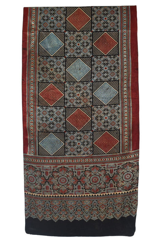Ajrakh Mashru Silk Natural Dye Screen Print Hand Printed Stole  - 2.1 Mtr Length    -  SKU : JH25601L