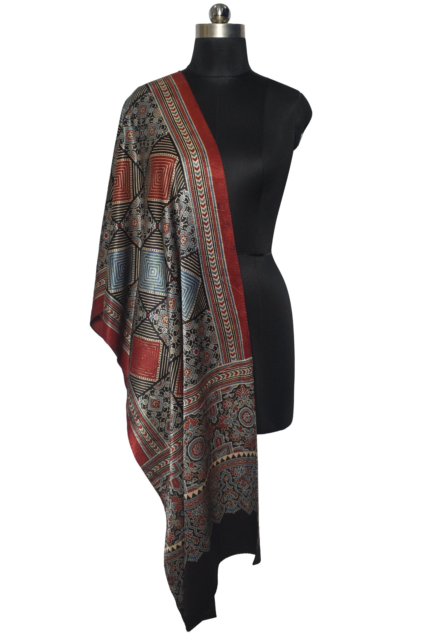 Ajrakh Mashru Silk Natural Dye Screen Print Hand Printed Stole  - 2.1 Mtr Length    -  SKU : JH25601L