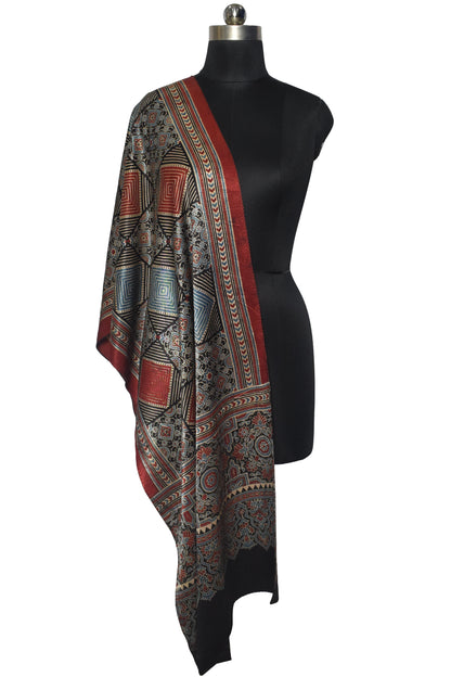 Ajrakh Mashru Silk Natural Dye Screen Print Hand Printed Stole  - 2.1 Mtr Length    -  SKU : JH25601L