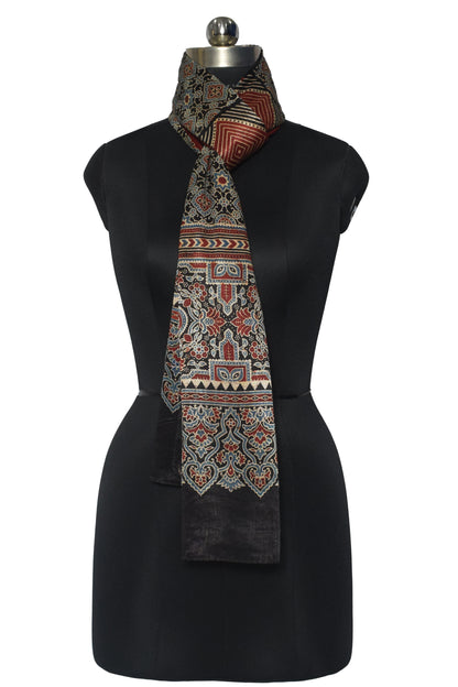 Ajrakh Mashru Silk Natural Dye Screen Print Hand Printed Stole  - 2.1 Mtr Length    -  SKU : JH25601L