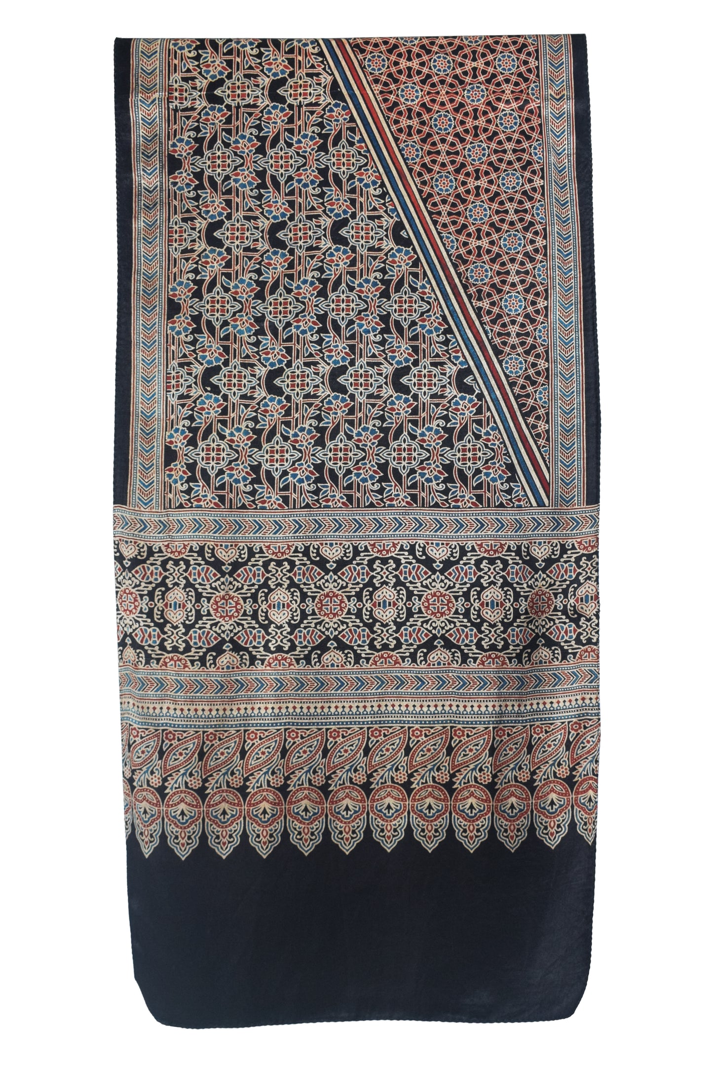 Ajrakh Mashru Silk Natural Dye Screen Print Hand Printed Stole  - 2.1 Mtr Length    -  SKU : JH25601M